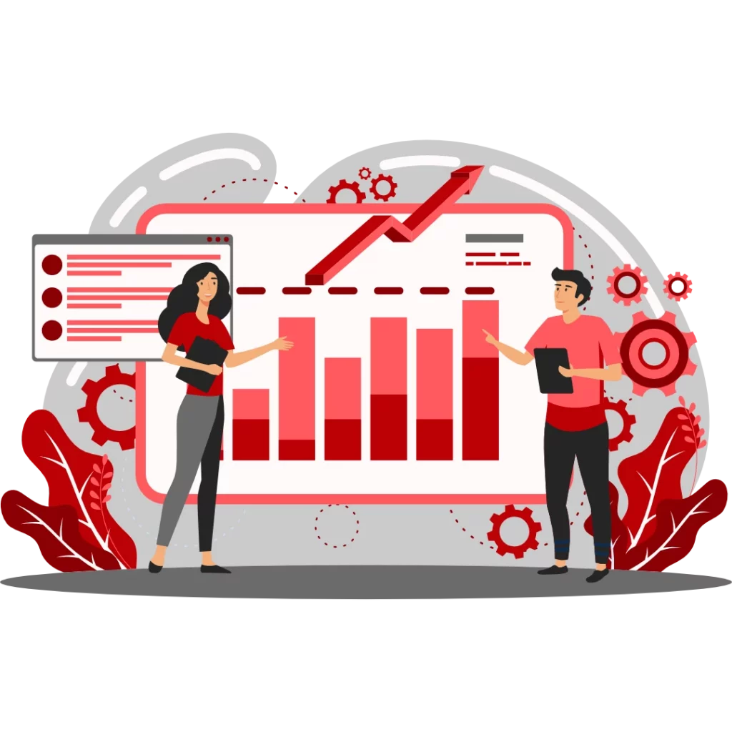 Vektorgrafik stellt die Erfassung von Performance einer Webseite dar. Ein junger Mann und eine junge Frau zeigen auf die Grafik.